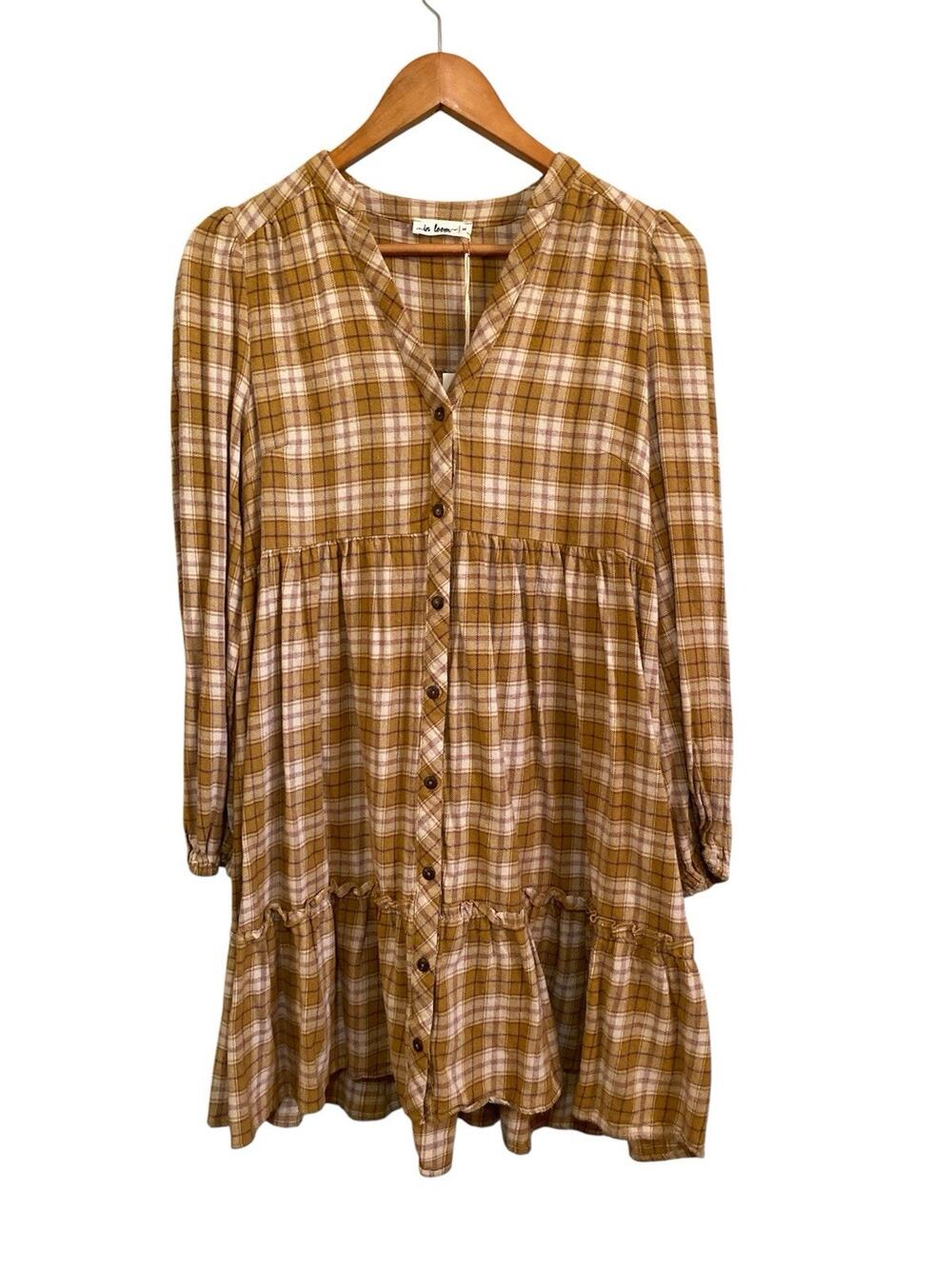In Loom Long Sleeve Plaid Babydoll Cotton Dress Medium NWT Granola Cottage Boho